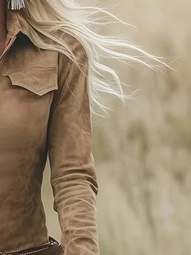 

Western Retro Suede Zipper Lapel Collar Fringe Hem Midi Dress Women Autumn Long Sleeve Pocket Design Fashion Bodycon Hip Dress
