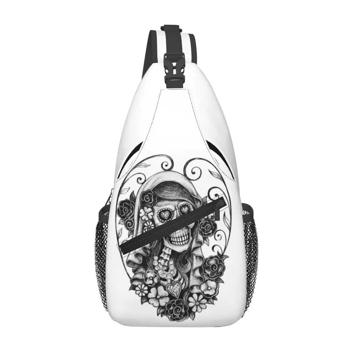 Santa Muerte Spanish Chest Bag Men Sling Crossbody Backpack Chest Bag Traveling Hiking Daypack Shoulder Bag