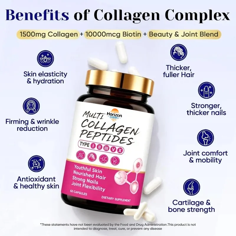 Multi Collagen Peptide Capsules - Grass Fed Hydrolyzed Collagen Types I, II, III, V, and X Containing 10000mcg Biotin 60 Capsule