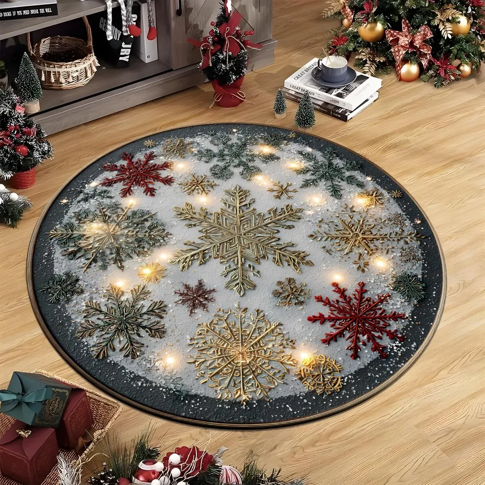 Gold Snowflake Round Rug Christmas Colorful Star Winter Holiday Floor Area Carpet for Home Living Room Bedroom Decor