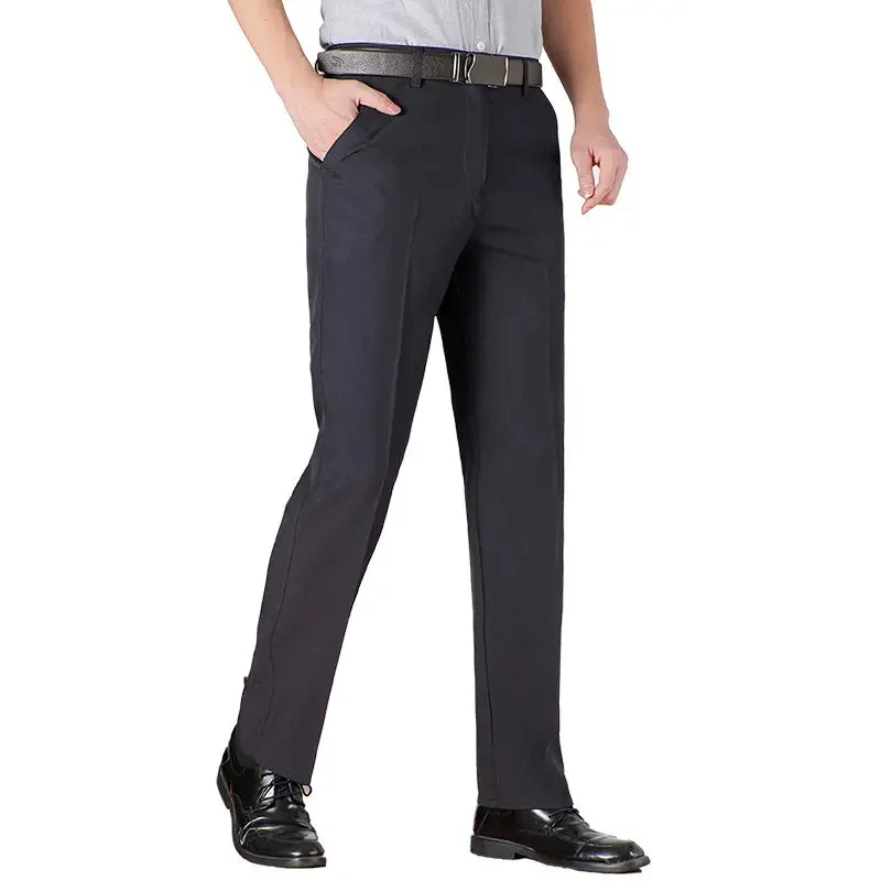 New Arrival Mens Casual Business Pants Men Mid Full Length Soft Trim Brand Trousers Regular Straight Black Grey Large Size 28-40