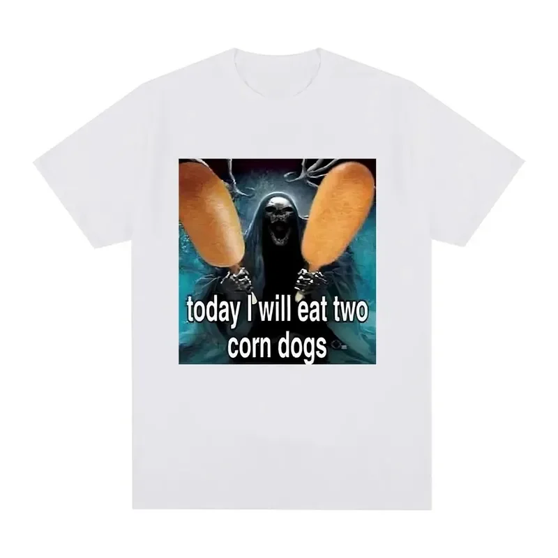 Today I Will Eat Two Corndogs Graphic T-Shirt Skeleton Meme Men's Vintage Gothic Short Sleeve T-shirts Cotton Oversized T Shirts