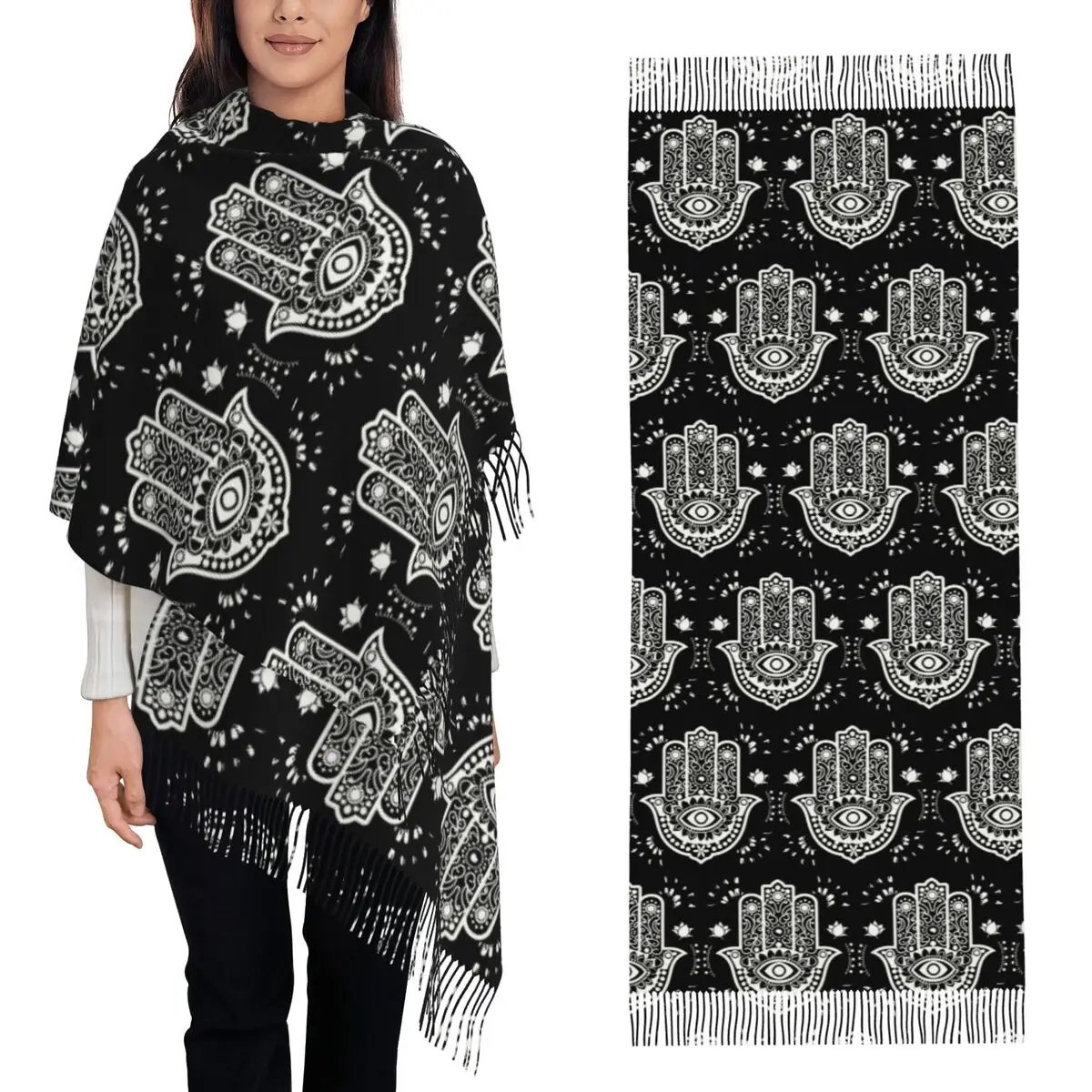 

Хамса Evil Eye Хамса Ручной богемный шарф Шарфы с кисточками для женщин Мягкие теплые шали и накидки Большая осенне-зимняя шаль