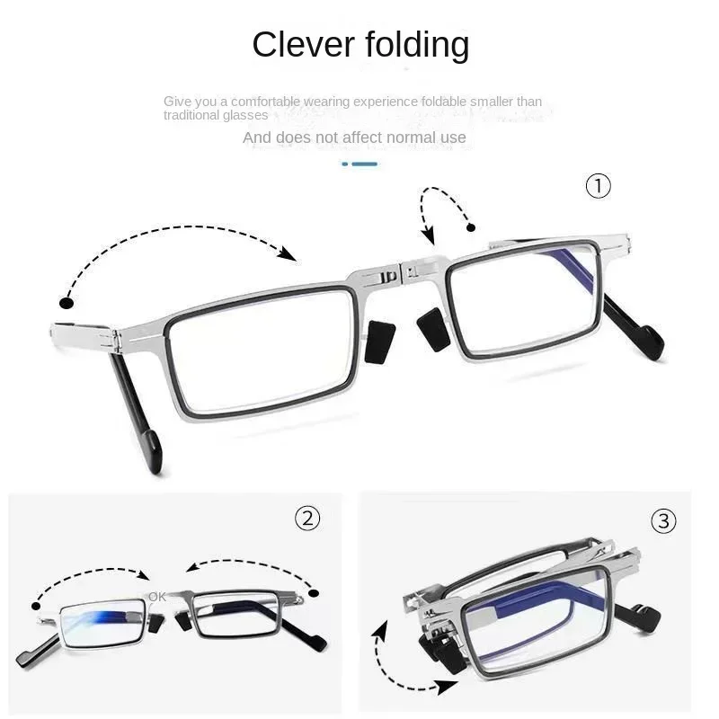 Portable Folding Reading Glasses for Men Metal Square Smart Glasses Folding Anti-blue Light Men Elder Eyeglasses Presbyopia