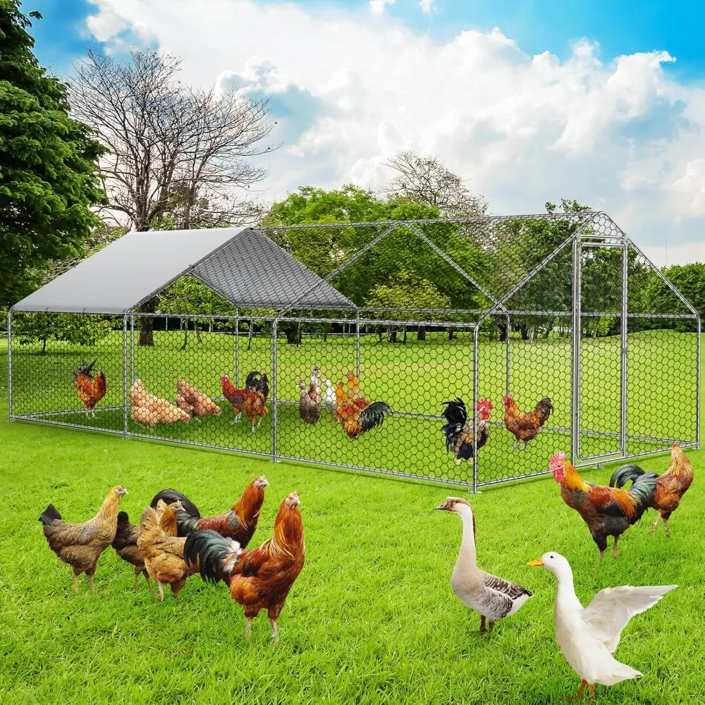 

Large Metal Chicken Coop Run Walk-in Chicken Runs for Yard, Chicken Cage/Pen with Waterproof Cover (9.8' L×19.6'W× 6.4'H)