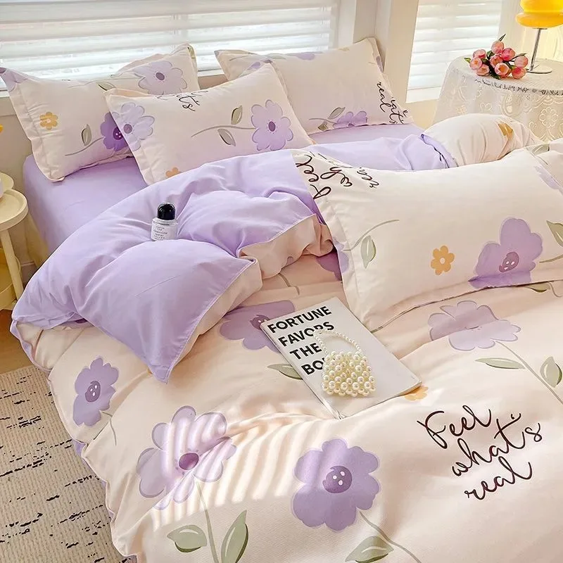 100% pure thickened skin friendly cotton four piece set double bed single bed diagonal cartoon duvet set dormitory