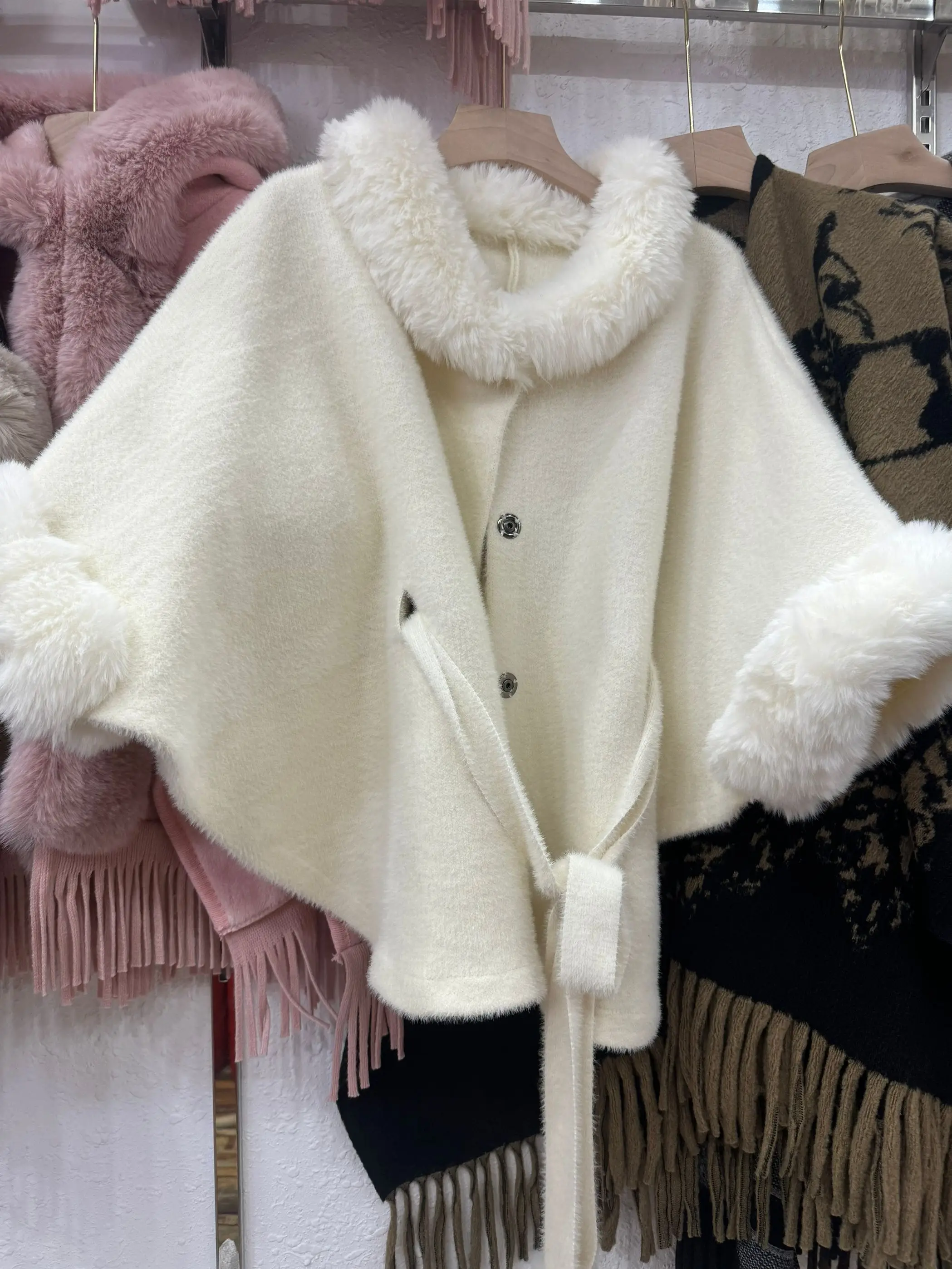 

Women White Faux Fur Cashmere Cardigan Button Loose Cloak Winter Warm Woolen Poncho Cappa Batwing Sleeves Overcoat With Ball