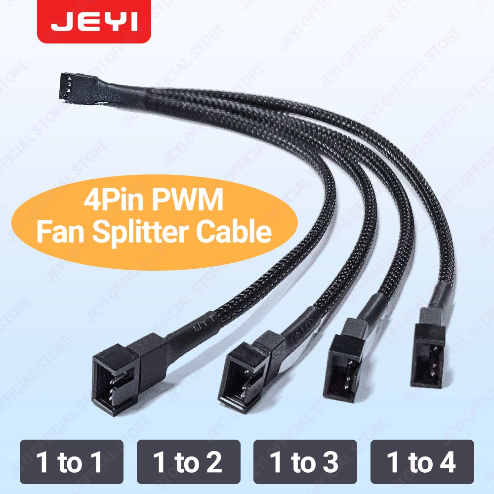 JEYI PC Fan Splitter Extension Cable - 1 to 4 PWM Fan Braided Extension Power Wire for Motherboard, Desktop Computer CPU Fan