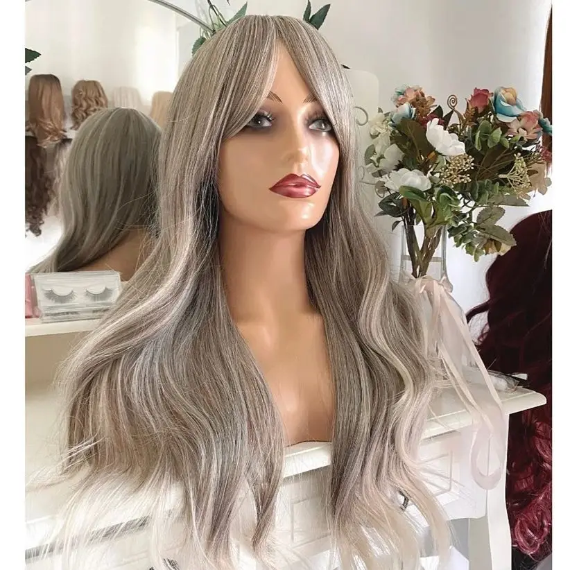 Ombre Ash Grey Platinum Wig longgar berwarna gelombang HD transparan renda depan Wig dengan poni sintetis untuk wanita tanpa lem