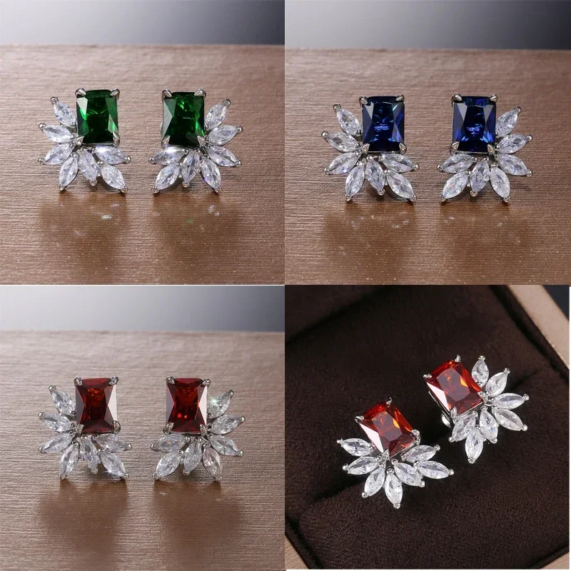 New Luxury Square with Marquise CZ Stone Women Stud Earrings for Party 3 Colors Delicate Gift Dazzling Lady's Wedding Jewelry