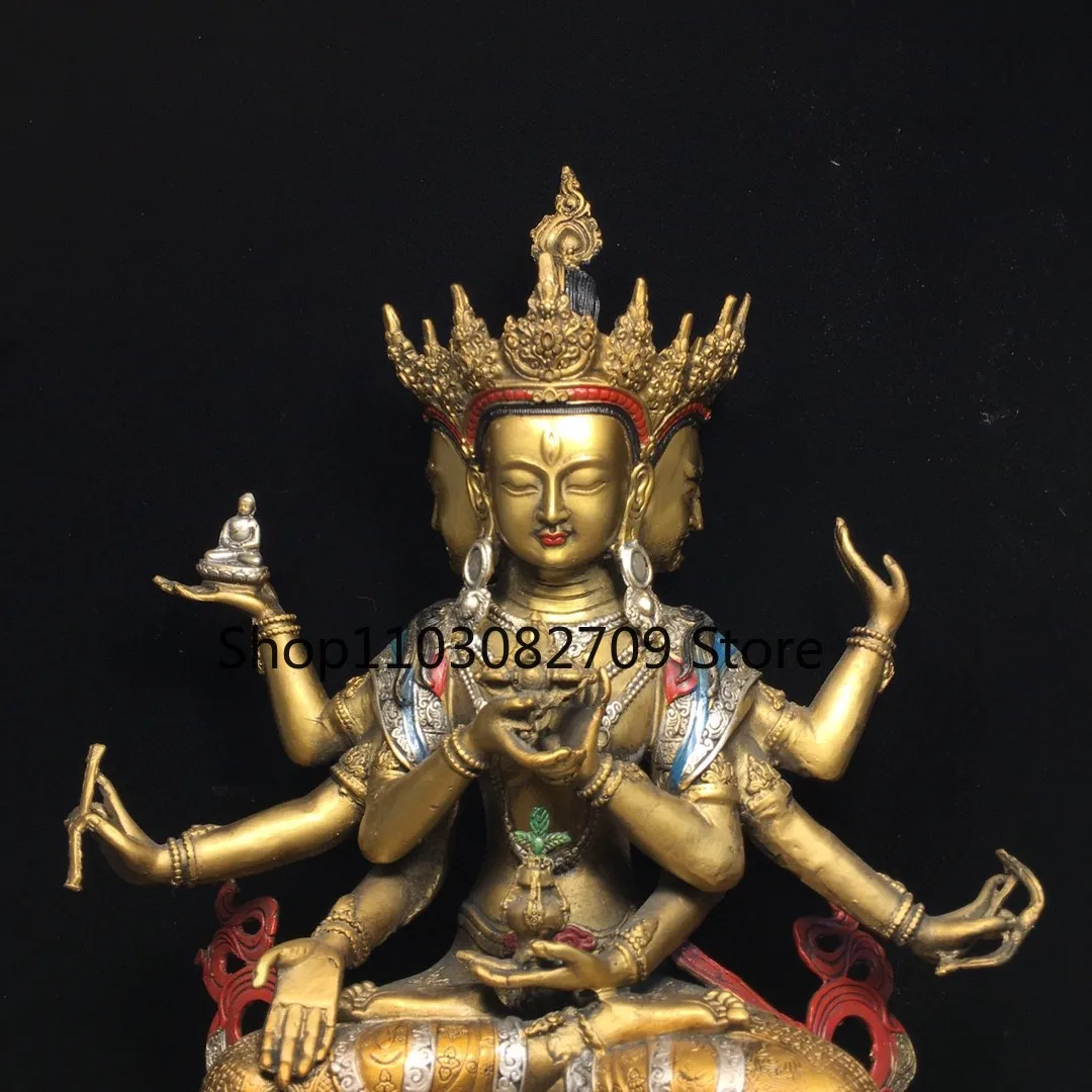 Tibetan ornament brass gilt painted face three sides and eight arms Zunsheng Tara Guanyin seated statue Buddhist hall supplies 3