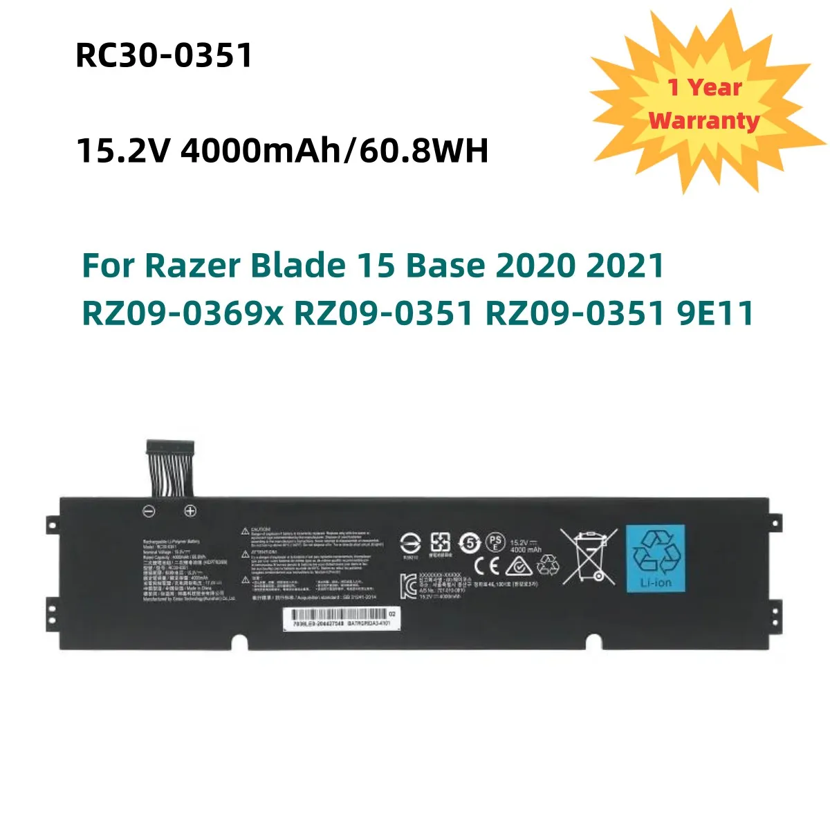 RC30-0351 15.2V 60.8WH Laptop Battery For Razer Blade 15 Base 2020 2021 RZ09-0369x RZ09-0351 RZ09-0351 9E11 Series Notebook