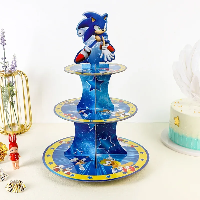 Anime Sonic Birthday Party Cake Rack 3-Layer Dessert Table Paper Cake Tower Children's Birthday Party Decorative Supplies