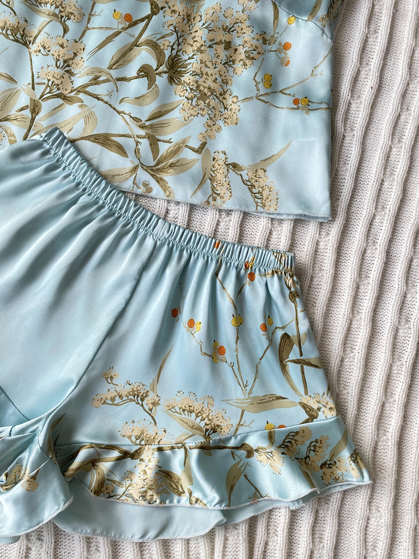 Elegante Cami-Tops mit Blumendruck, Rüschensaum, Shorts, Pyjama-Set, Damen-Nachtwäsche, Loungewear – Detail 11