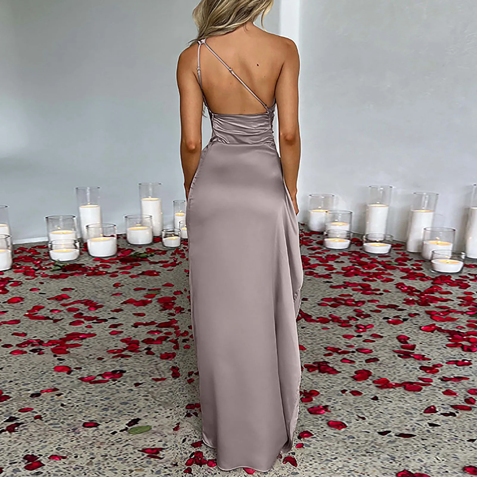 InjWomen's Sexy High Split Satin Maxi fur s, One Initiated, Cocktail, Wedding Party fur s, Blackless, Chic and Elegant Ladies