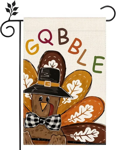 Gobble Turkey Thanksgiving Garden Flag 12X18 Inch Double-Side Burlap Thankful Ho YYZ