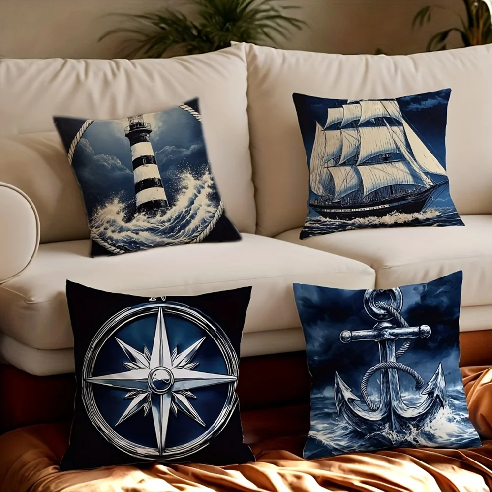 1PC 2D Flat Nautical Themed Throw Pillow Covers Sailboat Anchor Compass Decorative Cushion Cases for Home No Pillow Core