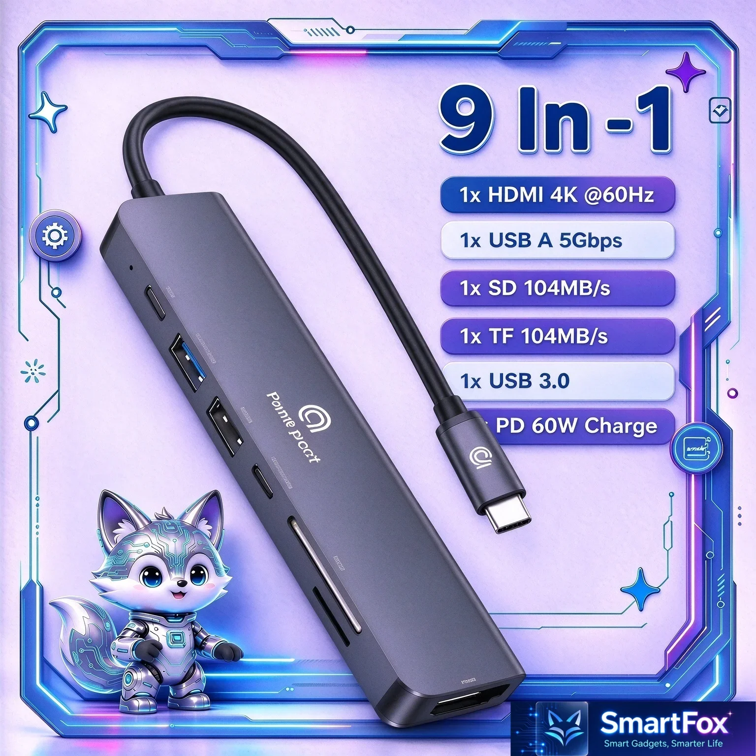 9 in 1 USB C Hub Multiport Adapter,4K  HDMI,100W PD Charging,USB3.0 5Gbps,104Mbps Card Reader,Docking Station For Laptop Macbook
