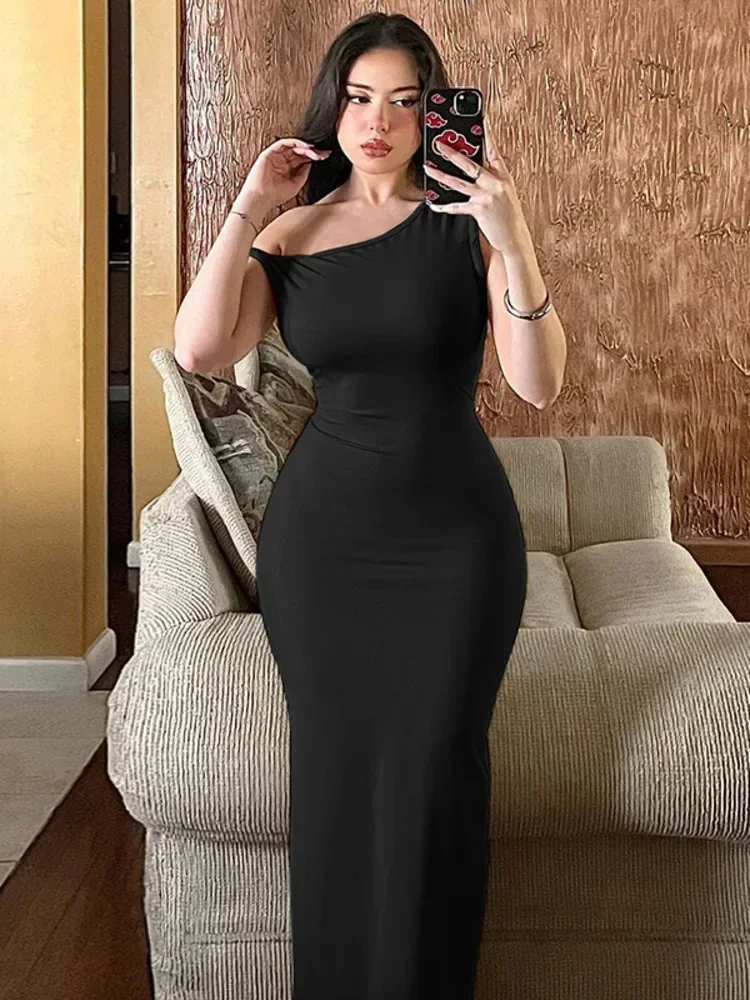 فستان ماكسي بكتف مائل بدون ظهر للنساء، ياقة قطرية، بدون أكمام، فستان طويل مثير أنيق #3
