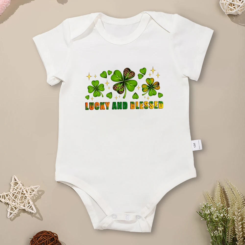 St. Patrick's Day Newborn Clothes Lucky and Blessed 2024 Baby Boy Bodysuit Urban Streetwear Fashion Toddler Girl Jumpsuit Green