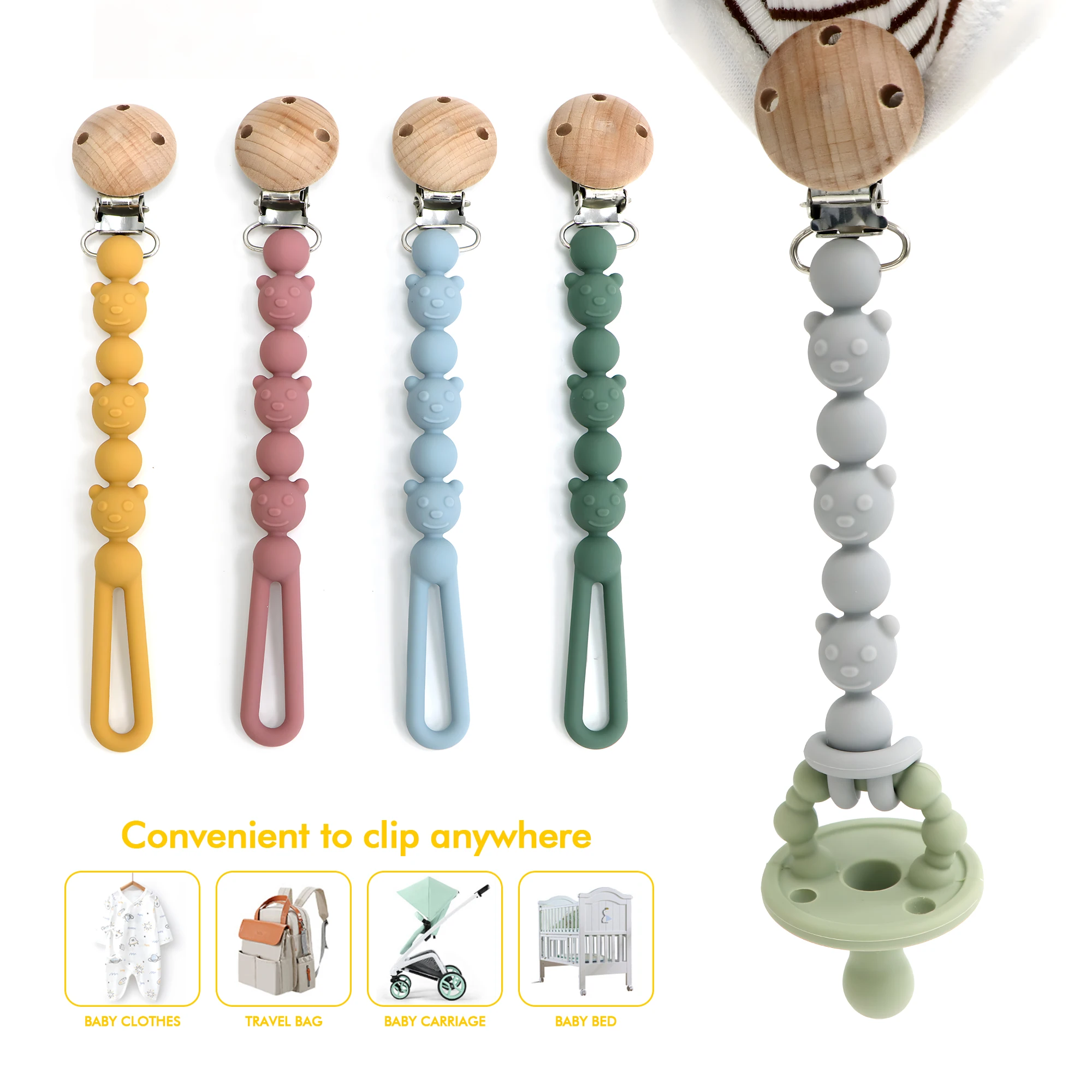 

Silicone Pacifier Clips with One-piece bear shape for Baby Boys and Girls, for Teething and Baby Essentials, Safe for Newborns