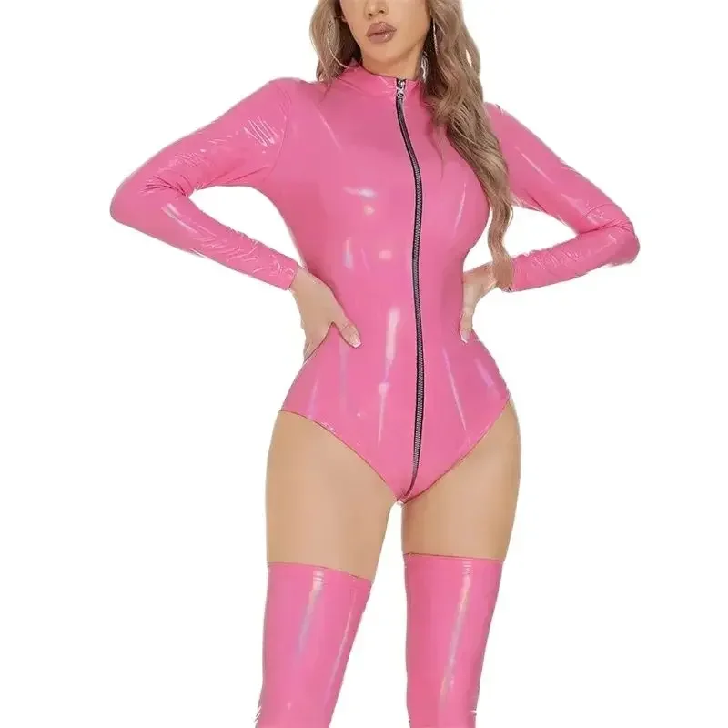 Mulheres sexy festa magro couro patente bodysuit sem calças pernas macacão feminino zíper frontal aberto virilha cardigan macacão