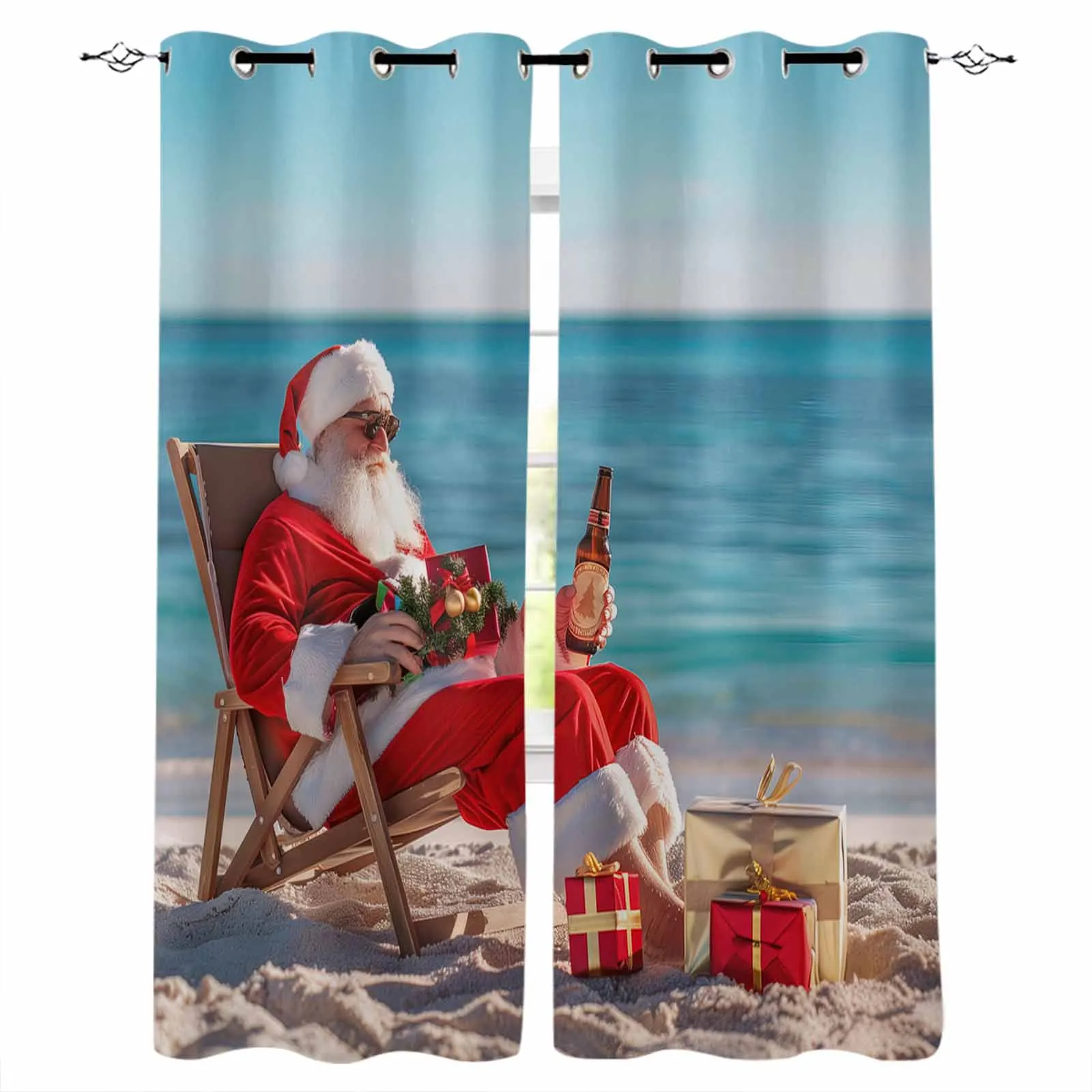 Christmas Santa Beach Curtains For Living Room Kids Bedroom Window Curtain Hall Drape Long Cortinas