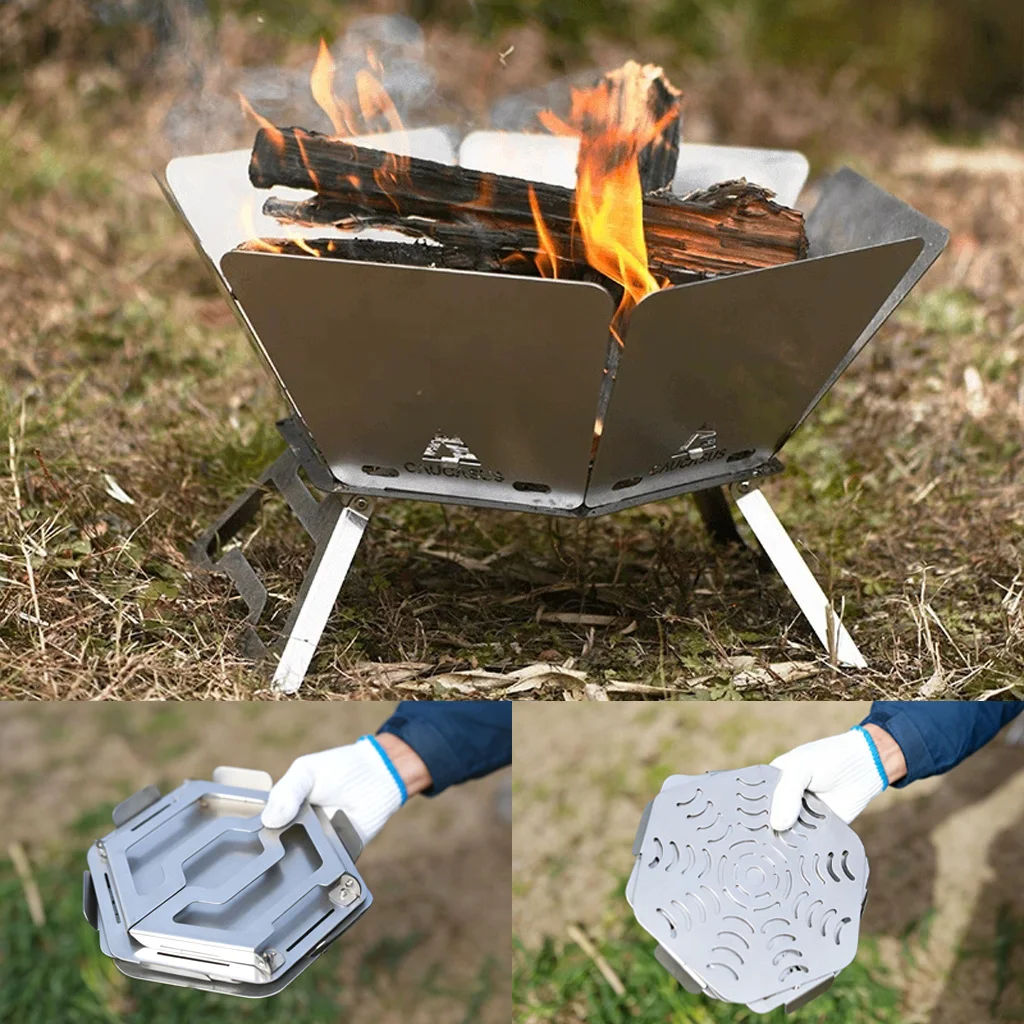 Free Ship Foldable Fire Pit, Portable SUS430 Camping Bonfire Pit Campfire Stove Barbecue Grill Lightweight for Camping Hiking