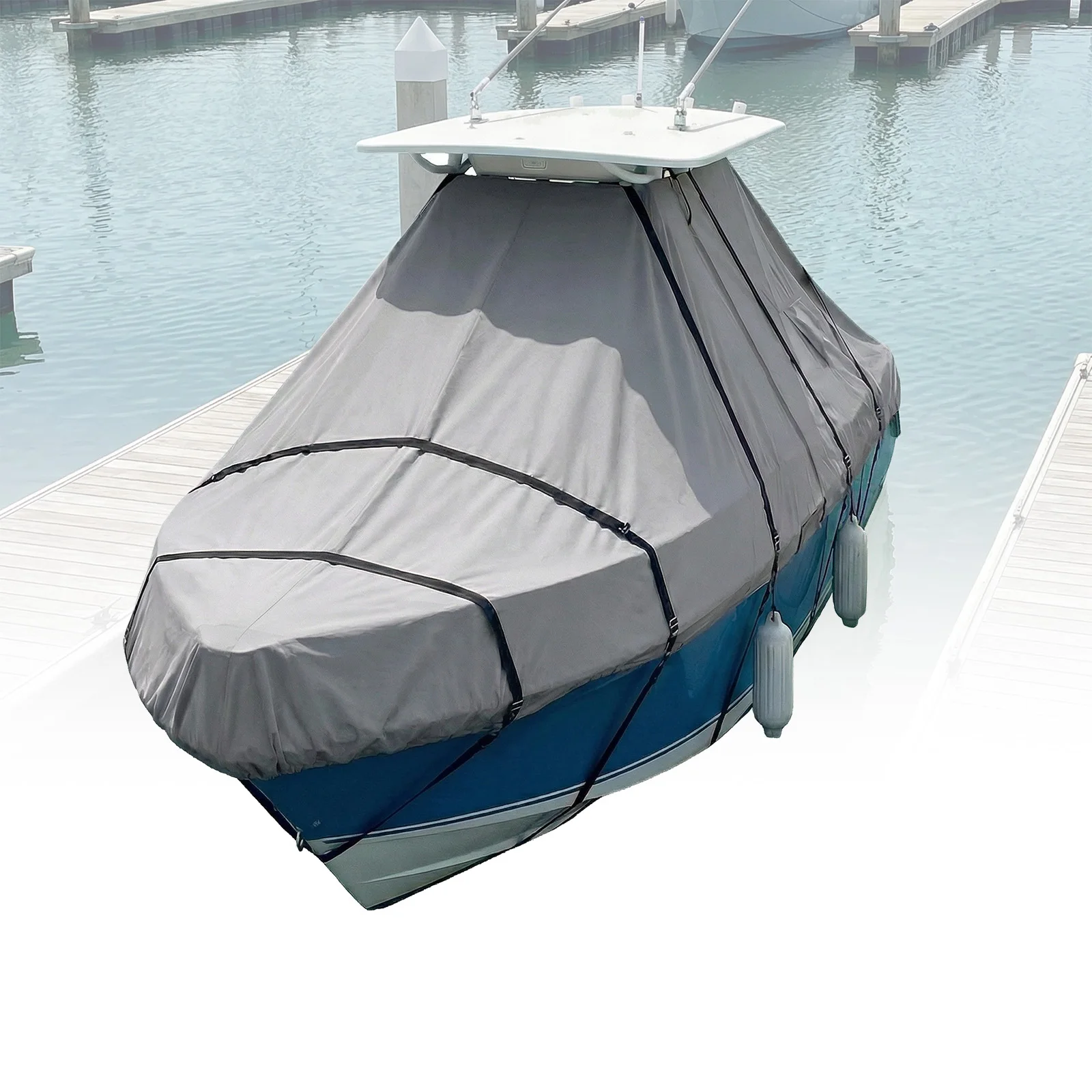 

1200D Trailerable Center Console Boats Covers with 18 Tie Down Strap Heavy Duty Yacht Dust Cover UV-Proof For Protecting Roof