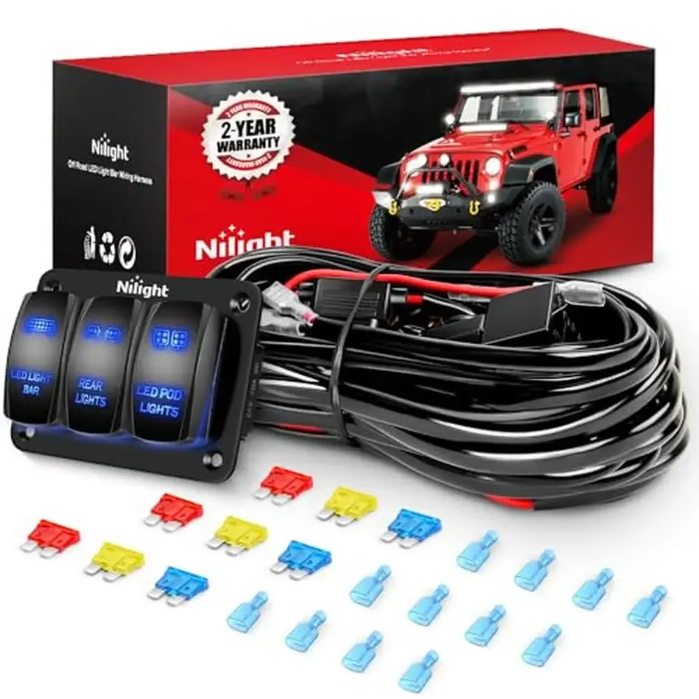 

LED Light Bar Wiring Harness Kit 12V 3 Gang Rocker Switch Panel Power Relay Fuse 16AWG Harness