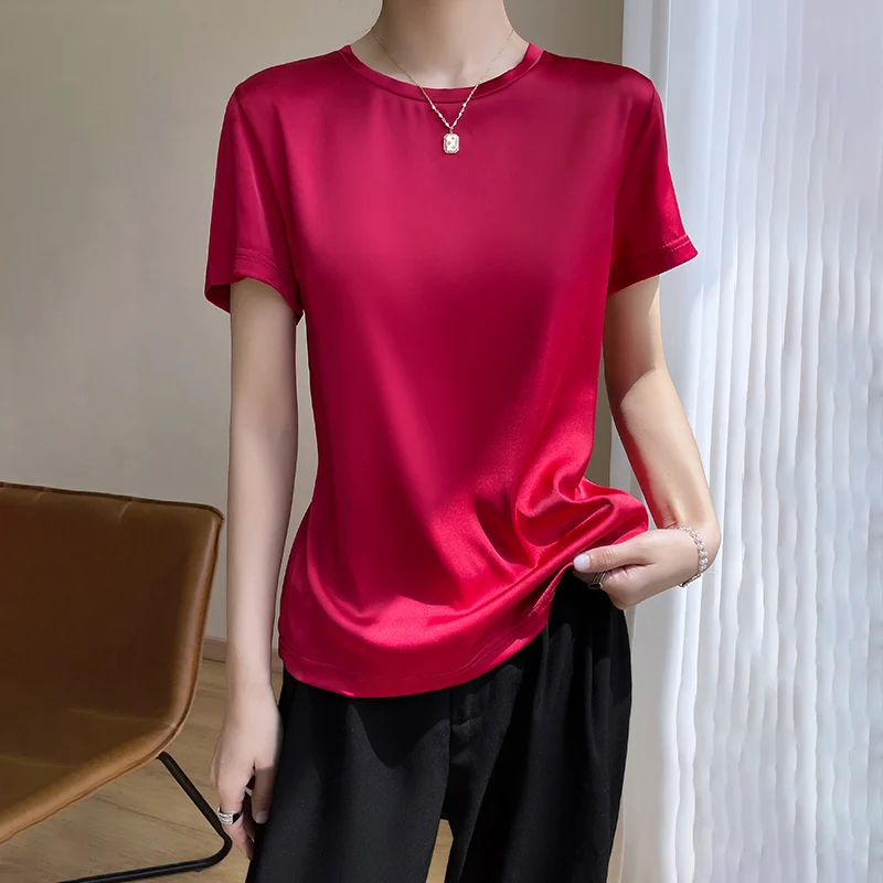 High-Grade Spring And Summer Women's T-Shirts With Short Sleeves And Loose Acetic Acid Satin Backing And White Inner Coat