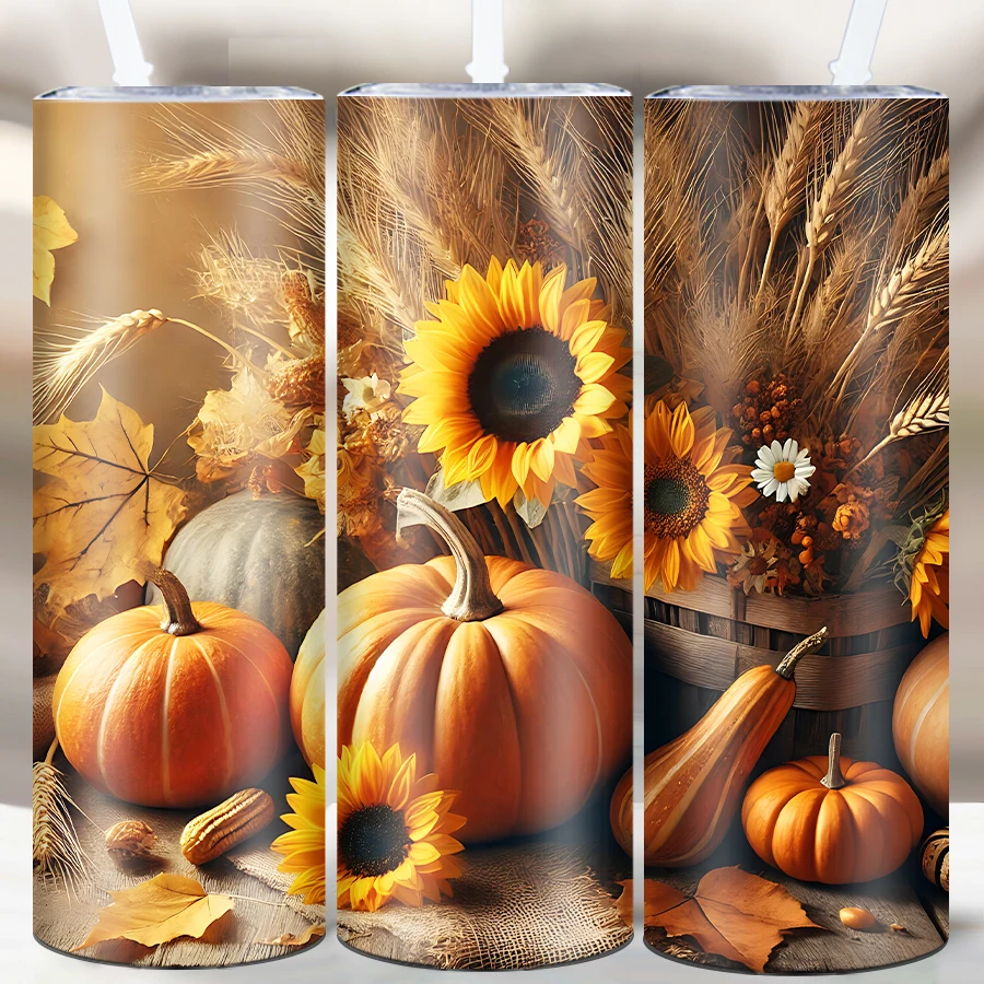 1Pc Party Merry Christmas Tumblers Straw Lid 20oz 3D Print Pumpkin Flowers Stainless Insulated Water Mugs Christmas Coffee Mugs