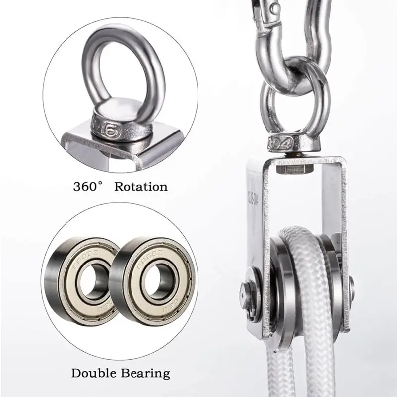 ABVG-Cable Pulley Block Swivel Single Pulley Wheel Heavy Duty Stainless Steel, Bearing Inside With 32Ft Nylon Rope And 1 Hook