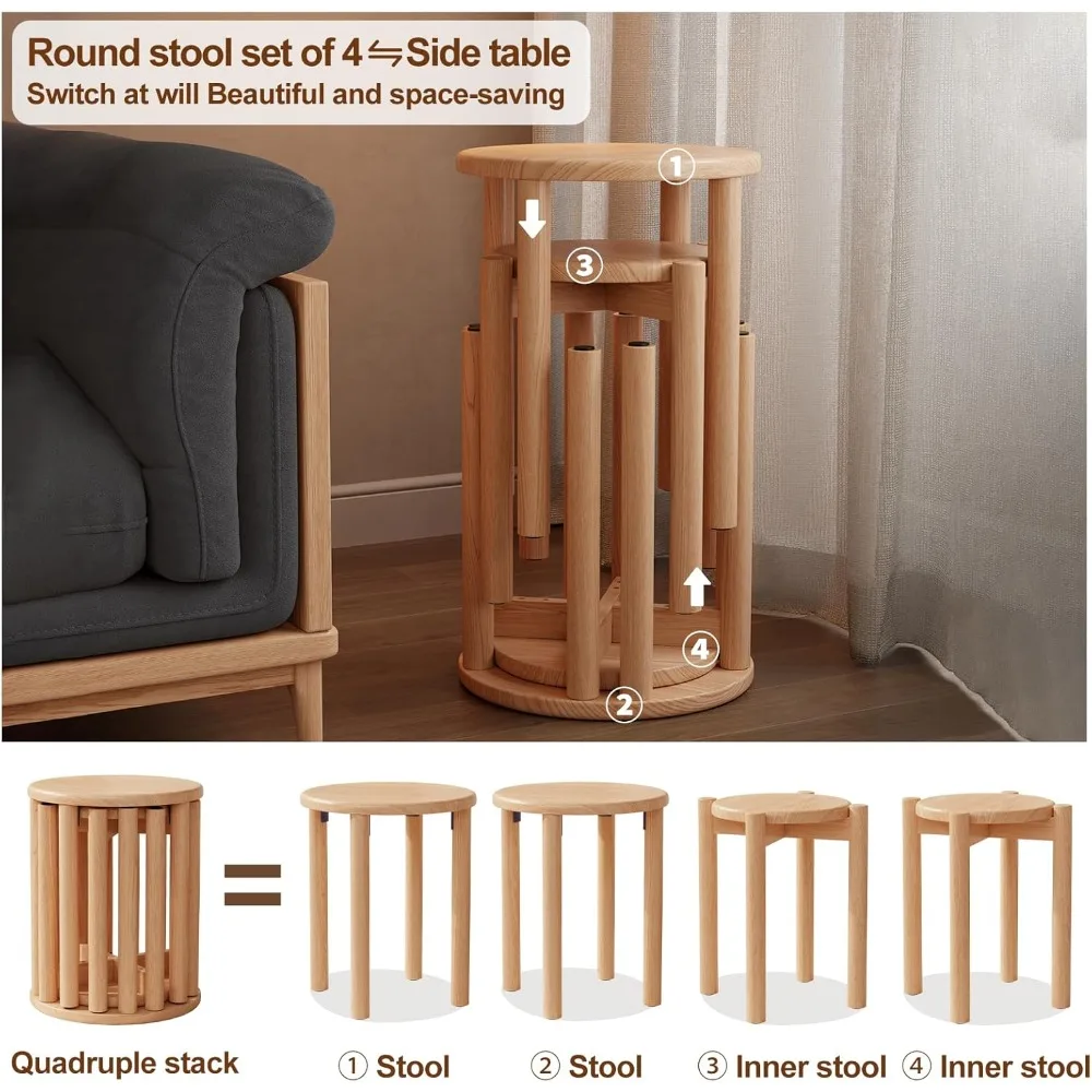 積み重ね可能な木製スツール4個セット、高さ18インチ、ネスティングサイドテーブルとコーヒーテーブル、組み立て簡単、頑丈で耐久性があります。