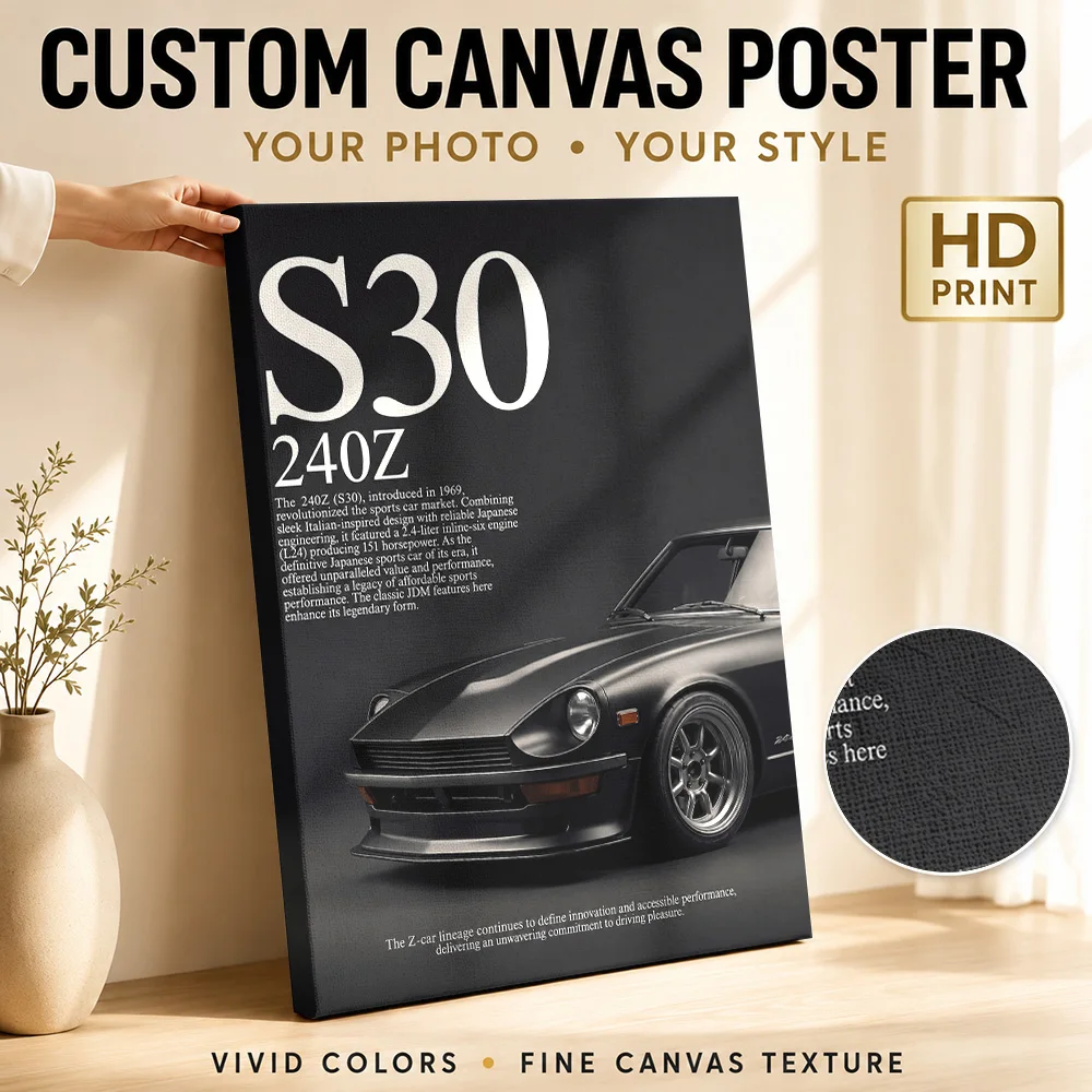 Close-Up Black Japanese 240Z S30 Vintage Car Framed Canvas Poster Personalized Photo Gallery Style Canvas Wall Art Garage Decor