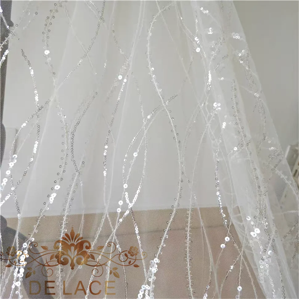 

JZQ Simple Elegant Stripes Lace Shining Sequins Fabric Wedding Dress High Quality Lace Fabric