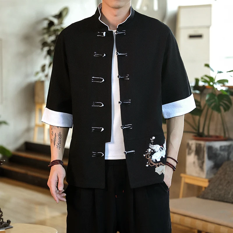 Embroidery Crane Short Sleeve Shirts Men Traditional Linen Casual Tang Suit Cardigan Men Chinese Style Retro Kung Fu Blouses Men