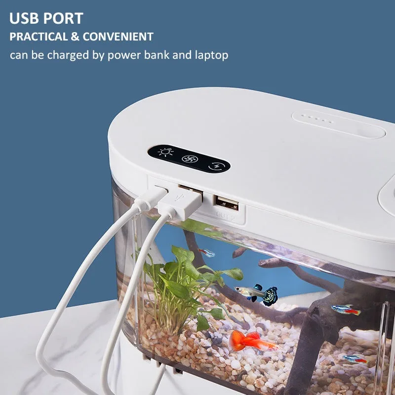 Portable Fish Tank with Oxygen Pump Filtration Acrylic Material LED Lights USB Powered Waterproof Comes with Cleaning System