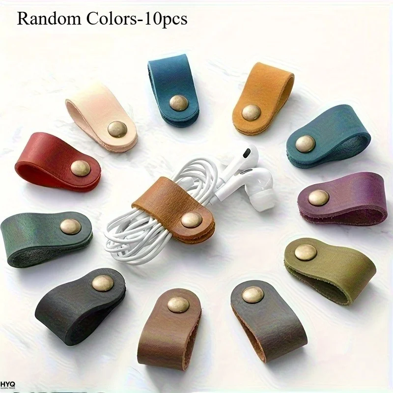 10pcs Faux Leather Data Cable Earphone Cable Faux Leather Tie, Without Battery, for Cable