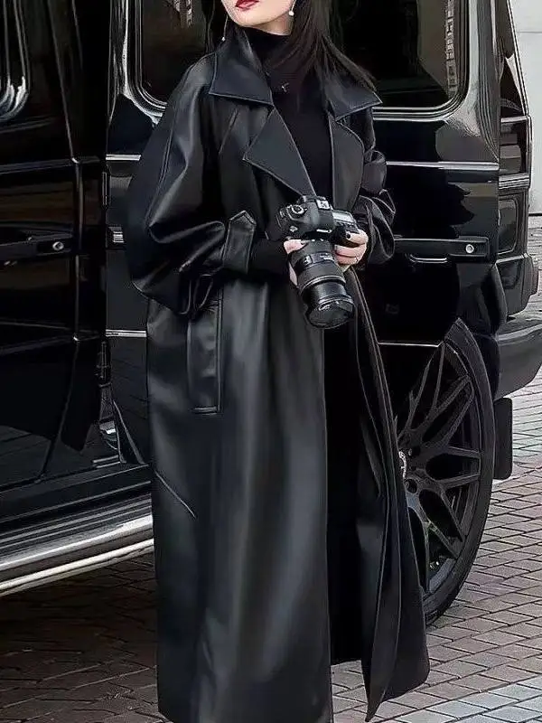 

Briti Sle Women's Bla PU Leather Jaet Spring Autumn 2026 New Faion Loose Thiened Fce Lined Mid-Length Coat