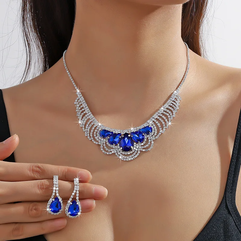 

European American Diamond Necklace and Suite Multi-Color Crystal Earrings Jewelry Two-Piece Set