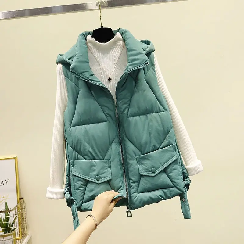 

Women's Sleeveless Vest Short Down Jacket Solid Korea Hooded Padded Vests Loose Females 2024 Ladies Fashion Winter Coat J26