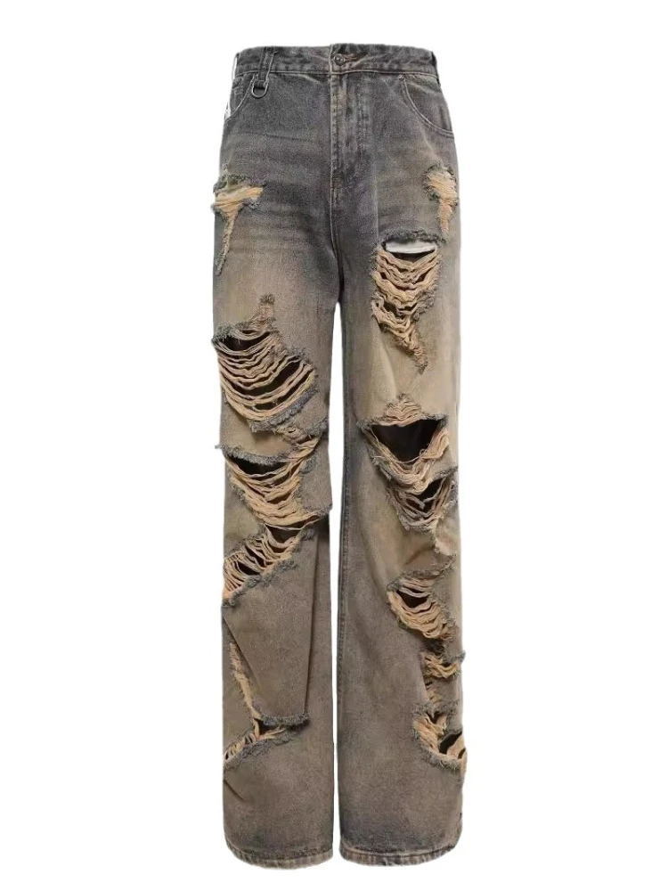 High Street Men Jeans Hole Trashy American Style Loose Fashion Teenagers All-match Creativity Designer Washed Distressed Frayed