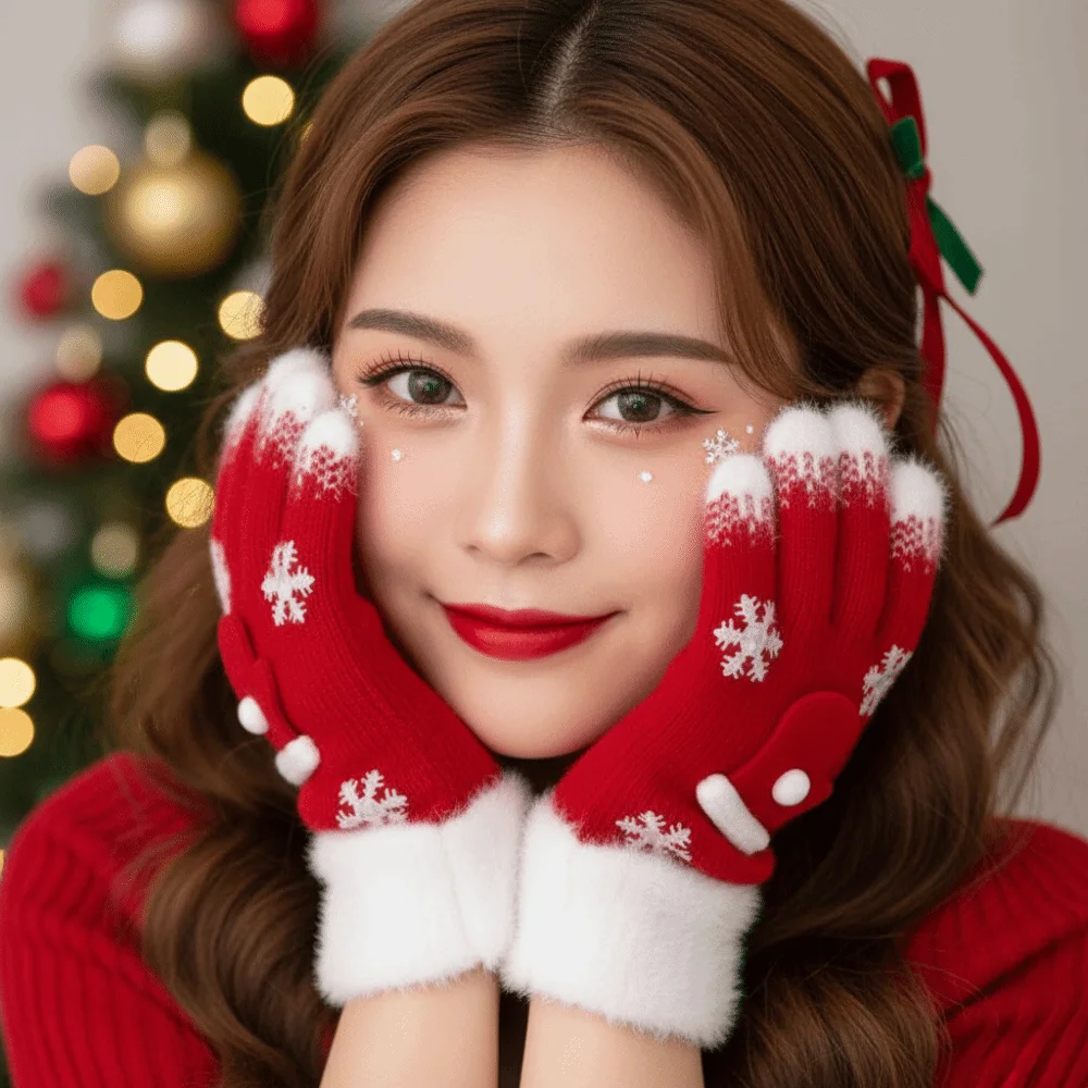 Red Green Christmas Gloves Cuff Knitted Woolen Winter Knit Mittens High Quality Double Colored Full Finger Gloves