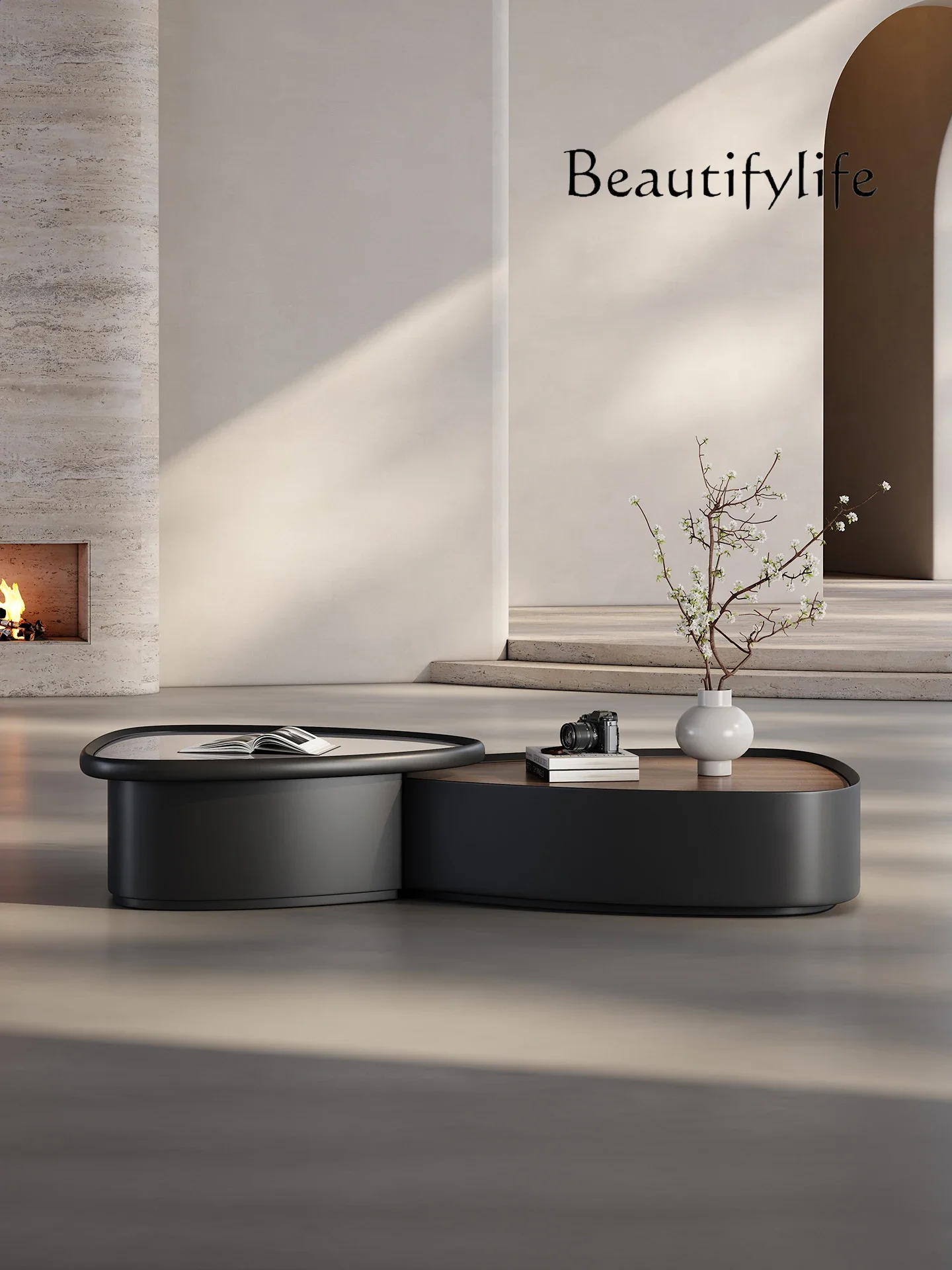 

J AA Italian Minimalist Luxury Stone Coffee Table Combination Household Special-shaped Creative Mansion Walnut Medieval Coffee T