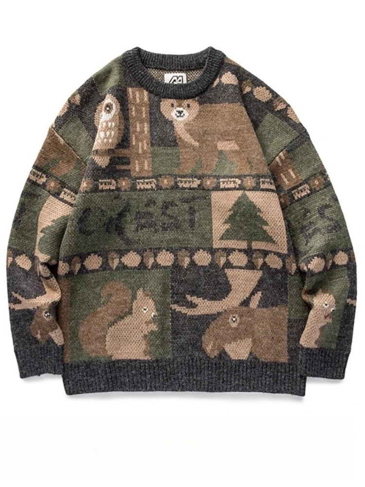 루즈핏 빈티지 O넥 크리스마스 스웨터 남성용 시크 두꺼운 니트 만화 풀오버 가을 겨울 캐주얼 스타일 니트웨어 탑