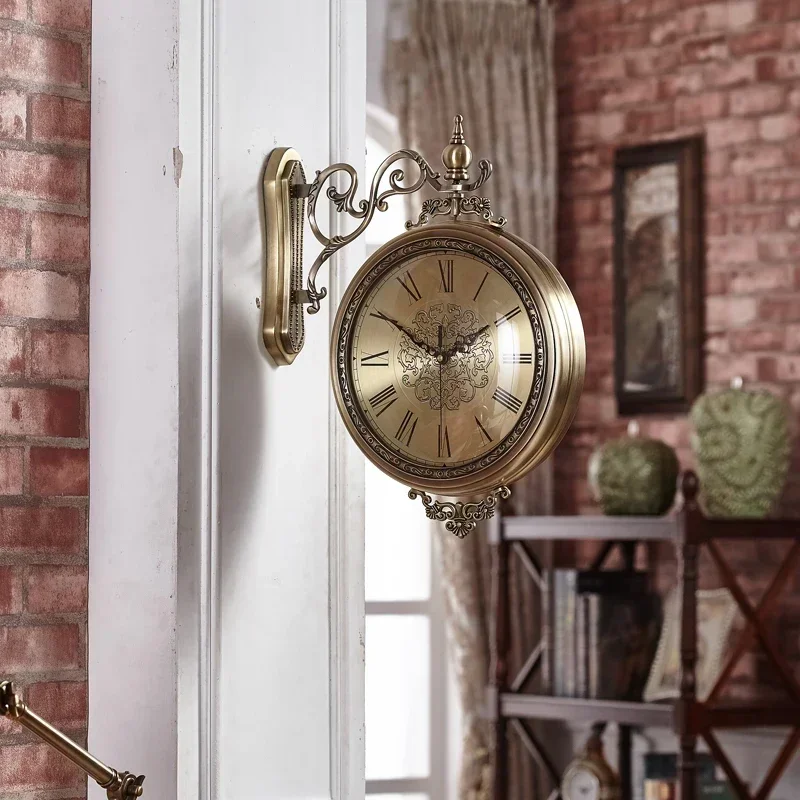 Double-side Silent Wall Clock Living Room Large Solid Wood Metal Clocks Wall Nordic Luxury Retro Golden Home Decoration Gift