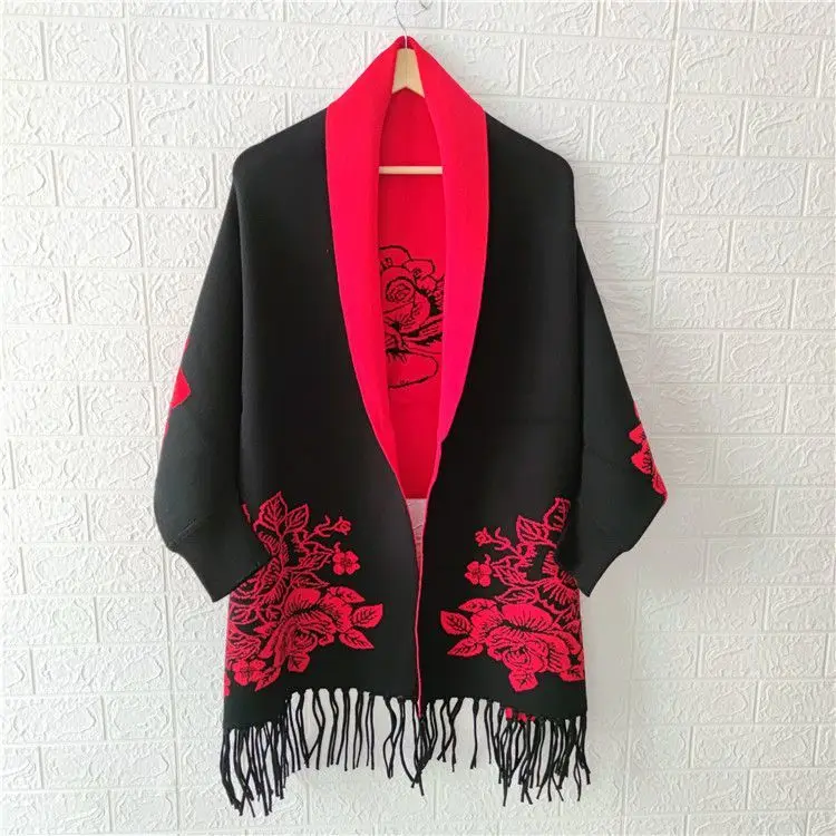 2023 autumn and winter imitation cashmere tassel shawl female peony flower with cheongsam all-match cape with sleeves cape scarf