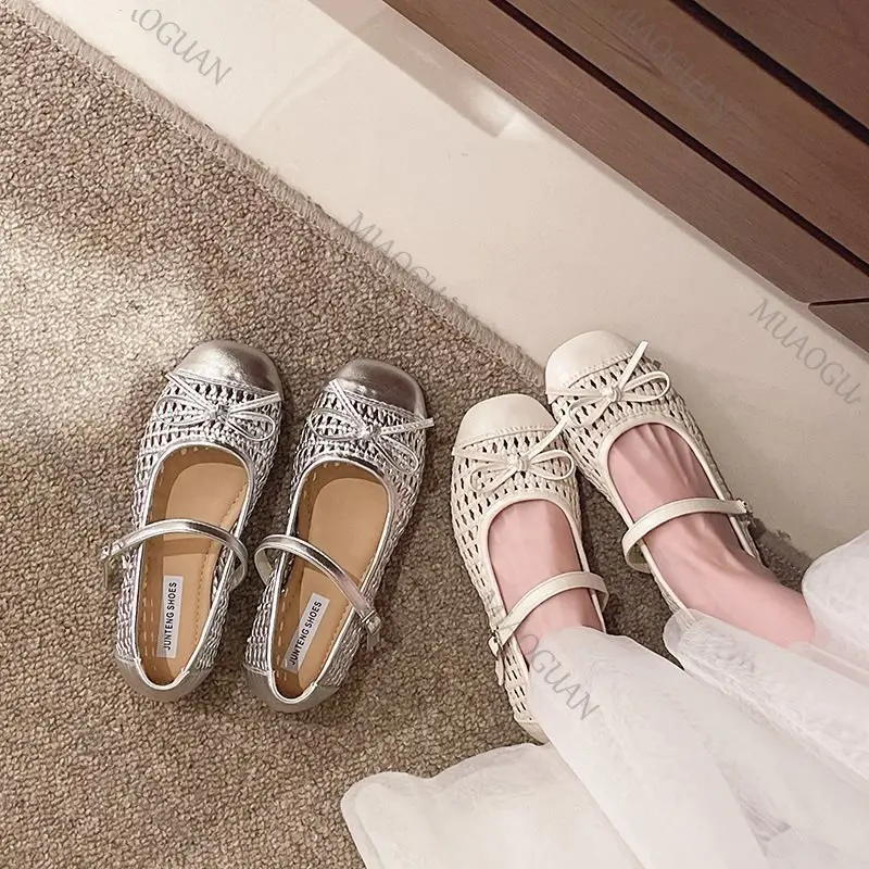 

Модные летние дышащие туфли-балетки с бантом и сетчатым верхом, универсальные туфли Мэри Джейн с круглым носком для танцев