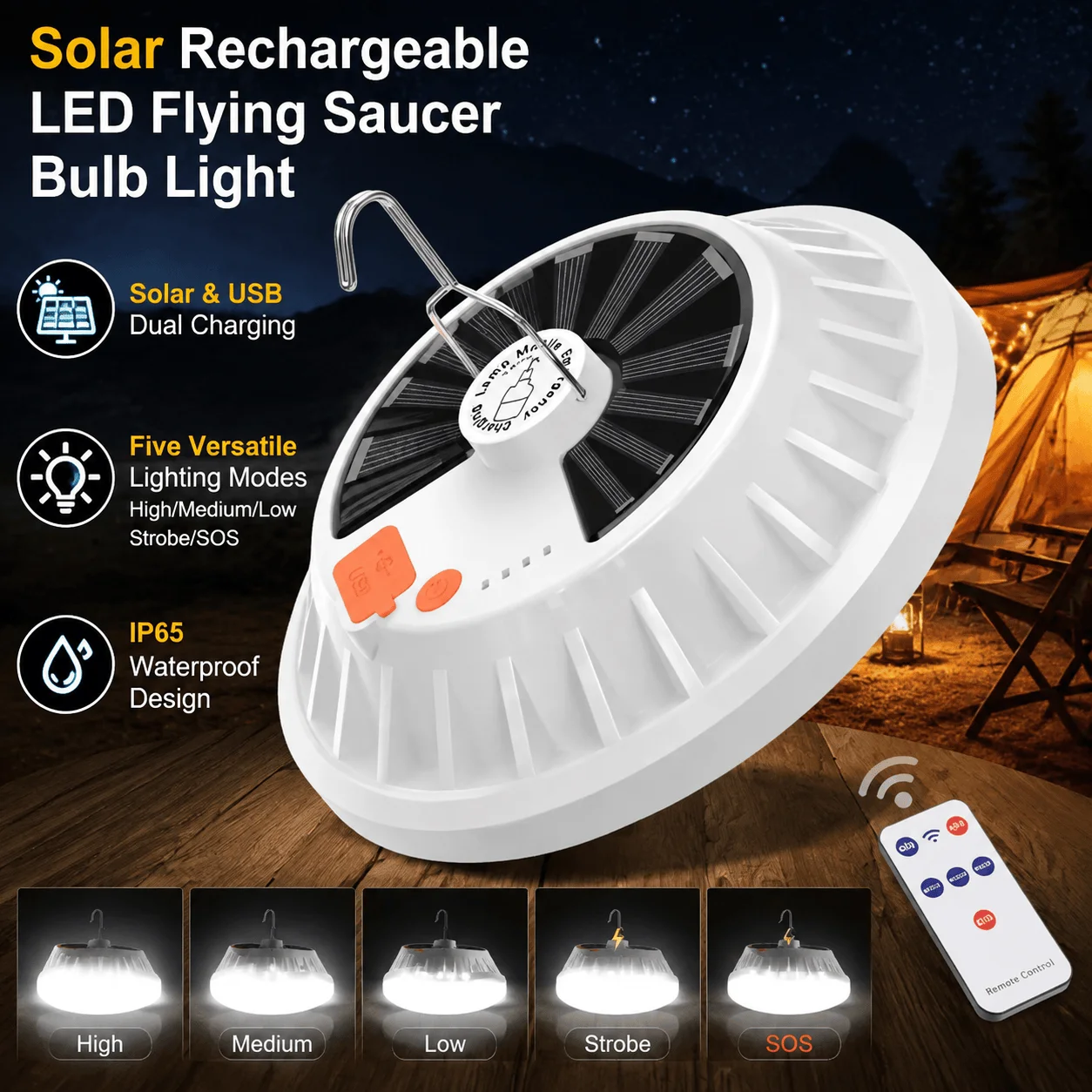Solar USB Camping Light Rechargeable LED Bulb Remote Control Waterproof Outdoor Emergency Lantern Portable Tent Lamp 360
